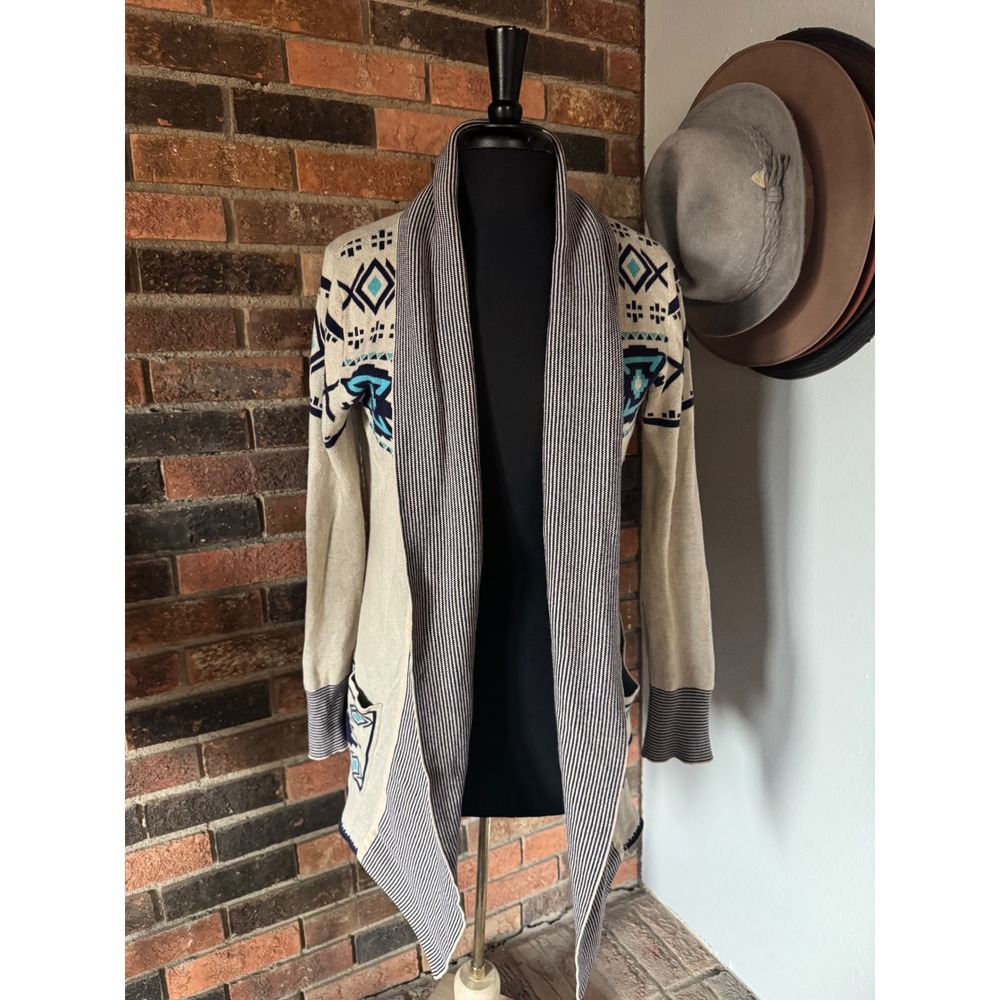 Between Me & You Southwestern Geometric Open Front Cardigan Sweater Blue Cream L
